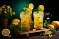 Refreshing homemade summer lemonade in mason jars with fresh lemon slices and ice cubes Royalty Free Stock Photo