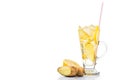 Refreshing ice cold ginger lemon tea in transparent glass Royalty Free Stock Photo
