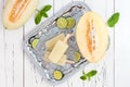 Refreshing ice pops over silver tray. Lime, honeydew white sangria paletas - popsicles. Top view