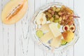 Refreshing ice pops over silver tray. Pear, peach, grape, lime, honeydew white sangria paletas - popsicles. Top view