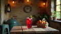 Refreshing iced cherry drink on rustic wooden table with fruit. Generative AI Royalty Free Stock Photo