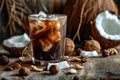 Refreshing iced coffee with coconut on a rustic wooden table