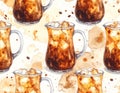 Refreshing Iced Coffee Drinks Watercolor Pattern with Splashes Royalty Free Stock Photo