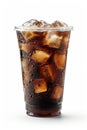 A refreshing iced coffee served in a plastic takeaway glass, isolated on a plain white background. Royalty Free Stock Photo