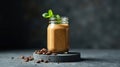 Refreshing iced coffee smoothie in a glass jar with coffee beans. Generative AI Royalty Free Stock Photo