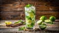 Refreshing iced mint lime beverage with wooden muddler. Generative AI Royalty Free Stock Photo