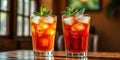 Refreshing iced tea drinks in tall glasses with mint garnish on wooden table. Generative AI Royalty Free Stock Photo