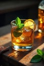 Refreshing iced tea with lemon and mint in a rocks glass on rustic wood. Generative AI Royalty Free Stock Photo