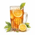 Refreshing Iced Tea With Orange Slices - Watercolor Illustration