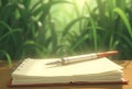 A sleek pen rests on an open spiral notebook against vibrant, blurred green foliage, suggesting inspiration. Royalty Free Stock Photo