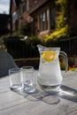 Refreshing jug of water with slices of fruit and two glasses Royalty Free Stock Photo