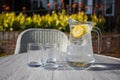 Refreshing jug of water with slices of fruit and two glasses Royalty Free Stock Photo