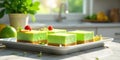 Refreshing key lime cheesecake bars on a white platter in a sunny kitchen. Generative AI Royalty Free Stock Photo