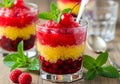 Refreshing layered berry and fruit dessert with fresh mint leaves and a cherry garnish Royalty Free Stock Photo