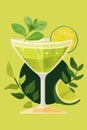 Refreshing Lemon Basil Cocktail Illustration on Green Background