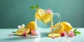 Refreshing lemon infused water with delicate blossoms in a glass mug on a teal surface. Generative AI Royalty Free Stock Photo