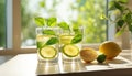 Refreshing lemon and lime infused water in traditional glasses on a white kitchen counter