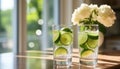 Refreshing lemon and lime infused water in traditional glasses on a white kitchen counter