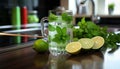 Refreshing lemon and lime infused water in traditional glasses on white kitchen counter