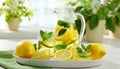 Refreshing lemon and lime infused water in traditional glasses on white kitchen counter