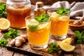 Refreshing Lemon Mint Kombucha Drinks With Ginger And Honey On Rustic Wooden Table Royalty Free Stock Photo
