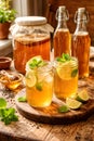 Refreshing Lemon Mint Kombucha In Mason Jars With Rustic Fermentation Bottles Background Royalty Free Stock Photo