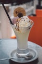 Refreshing lemon slush drink on hot summer days. In Spain, it is called 'granizado', great with ice and whipped cream. Royalty Free Stock Photo