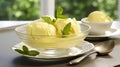 A refreshing lemon sorbet in a glass dish