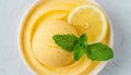 Refreshing lemon sorbet, yellow sorbet with a slice of lemon and a mint leaf