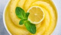 Refreshing lemon sorbet, yellow sorbet with a slice of lemon and a mint leaf
