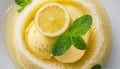 Refreshing lemon sorbet, yellow sorbet with a slice of lemon and a mint leaf