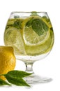 Refreshing lemon water. A glass with fresh slices of lemon and lime with mint leaves in cold water with ice and air bubbles. Clean Royalty Free Stock Photo