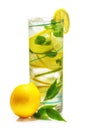 Refreshing lemon water. A glass with fresh slices of lemon and lime with mint leaves in cold water with ice and air bubbles. Clean Royalty Free Stock Photo