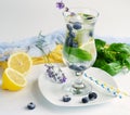 Refreshing lemonade with blueberries and basil on white bsckground