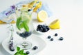 Refreshing lemonade with blueberries and basil on white bsckground