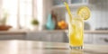The refreshing lemonade drink with ice and lemon slice in a sunny kitchen. AI generated image Royalty Free Stock Photo