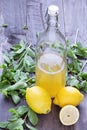 Refreshing lemonade drink and ripe fruits on wooden background