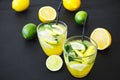 Refreshing lemonade in glass with limes, lemons Royalty Free Stock Photo