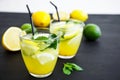Refreshing lemonade in glass with limes, lemons and mint. Summer drinks