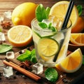 Refreshing lemonade with ice, lemon slices, and green leaves on a wooden table. Royalty Free Stock Photo
