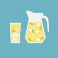 Refreshing lemonade illustration. Glass with straw and pitcher with lemons and ice cubes. Retro style illustration with