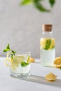 Refreshing lemonade with lemon, mint, ginger and ice in glass and bottle on white concrete background. Summer refreshing drink. Royalty Free Stock Photo