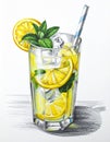 Refreshing Lemonade with Lemon Slices Mint and Ice Cubes in a Clear Glass with Straw Royalty Free Stock Photo