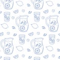 Refreshing lemonade pattern featuring pitchers and glasses with lemon slices and ice cubes Royalty Free Stock Photo
