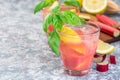 Refreshing lemonade with rhubarb, lemon, sparkling water and basil in glass, horizontal, copy space