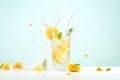 refreshing lemonade splash with lemons and ice cubes flying Royalty Free Stock Photo