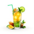 Refreshing lemonade or tropical alcoholic cocktail with lime orange and mint isolated on white background. Royalty Free Stock Photo