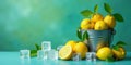Refreshing lemons and ice cubes in a metal bucket on a teal surface. Generative AI Royalty Free Stock Photo