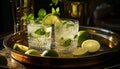 Refreshing lime cocktail with citrus fruit, ice, and fresh mint generated by AI Royalty Free Stock Photo