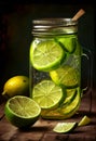 Refreshing lime lemonade with lime wedges on the table. AI Generated